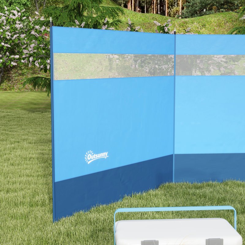 Outsunny Camping Windbreak, 4 Pole Windbreaker Blocker with Clear Windows, Carry Bag and Steel Poles, for Beach Caravan Campervan, 440 x 140cm, Blue