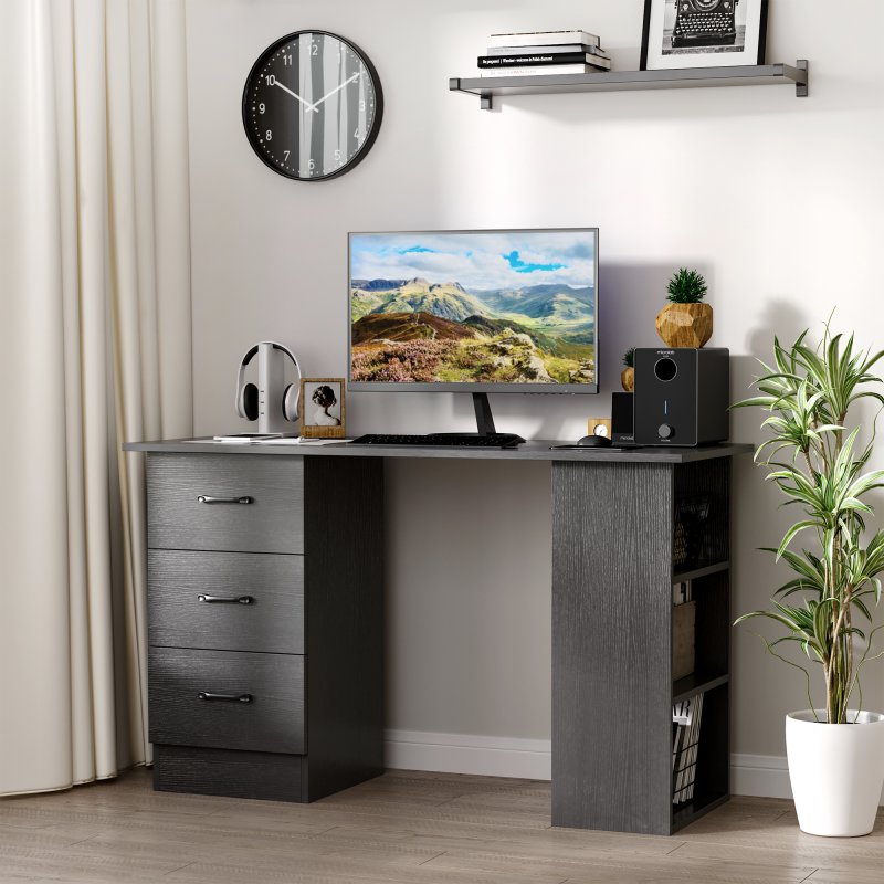 HOMCOM Computer Desk, Writing Table, PC Workstation with 3 Storage Shelves and Drawers, Black Handle, for Home Office