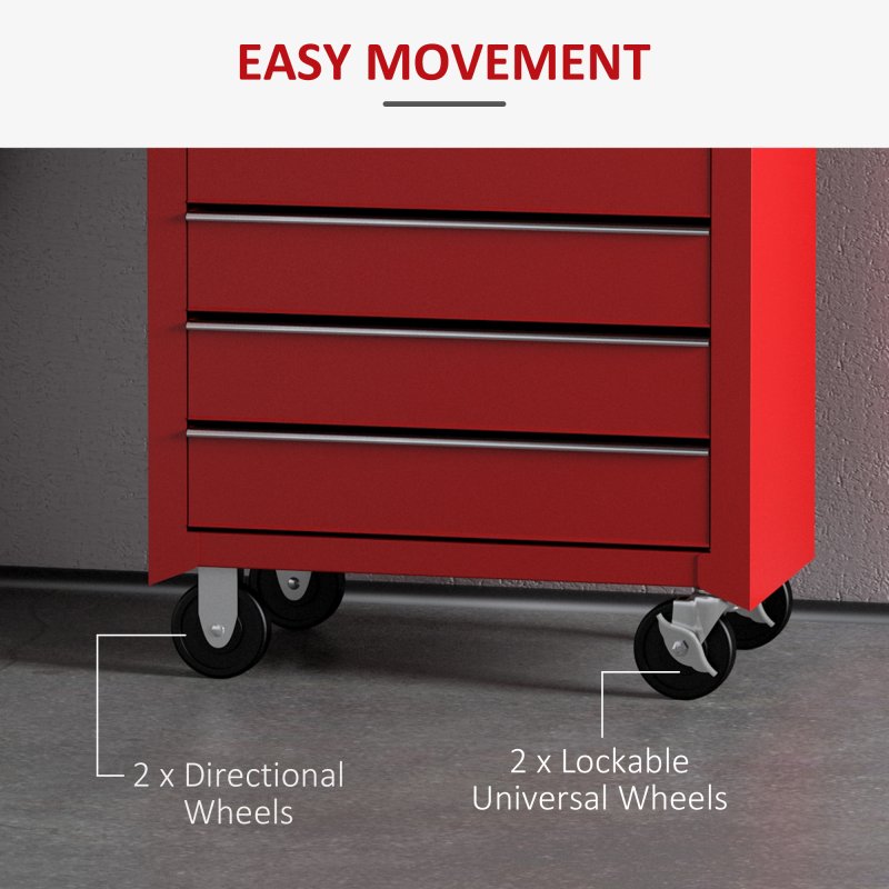 HOMCOM 5 Drawer Tool Box, Lockable Steel Tool Chest on Wheels, Rolling Chest Cabinet with 5 Drawers and Handle for Workshop, Garage, Red