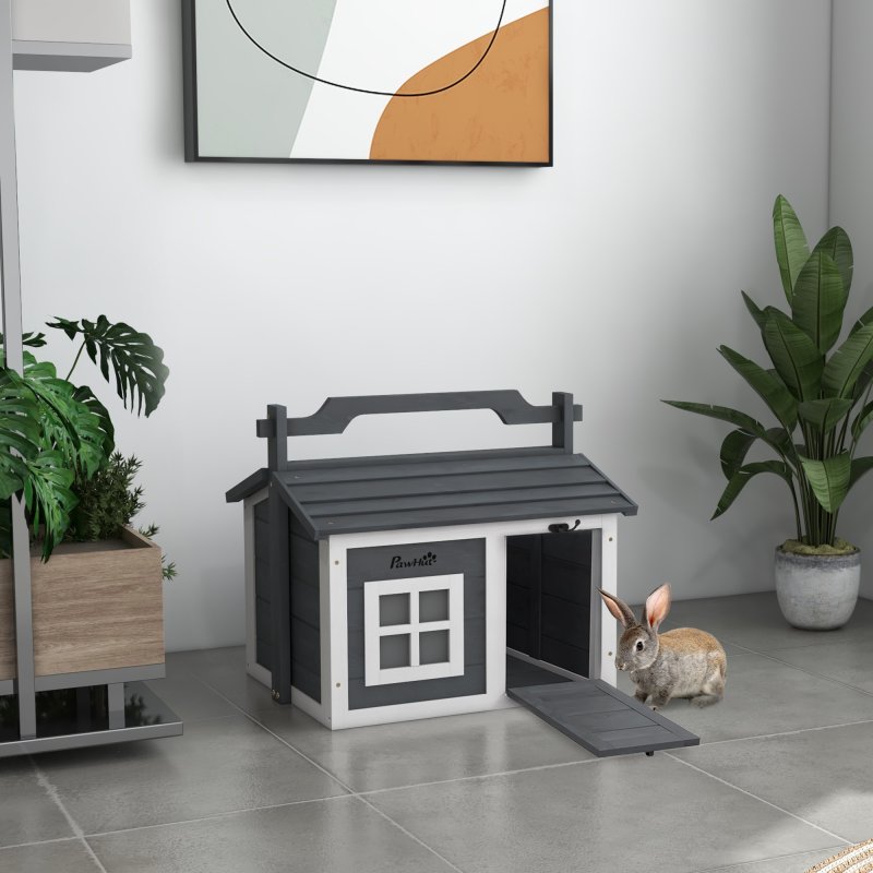 PawHut Rabbit Hutch Cat House Puppy House Guinea Pig Hutch Small Animal House Portable Wooden Indoor Outdoor with 2 Rooms Top Handle, Openable Roof - Grey