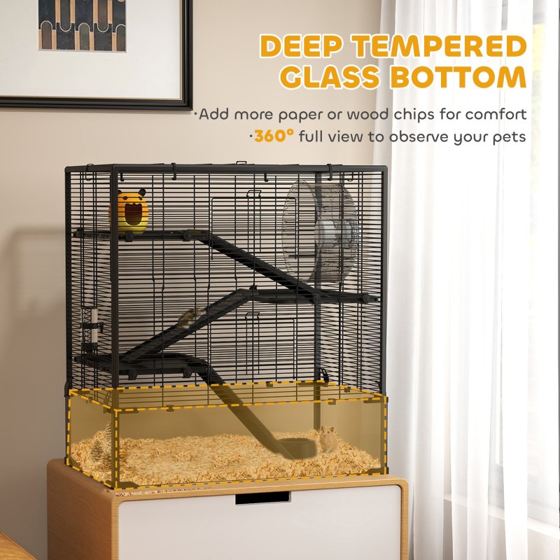 PawHut Hamster Cage with Deep Tempered Glass Bottom, 4 Tier Large Hamster Tank with Hut, Running Wheel, Platforms, Ramps, Food Dish, Water Bottle, for Syrian, Dwarf, Rats, Gerbils, 78.5 x 48.5 x 80cm