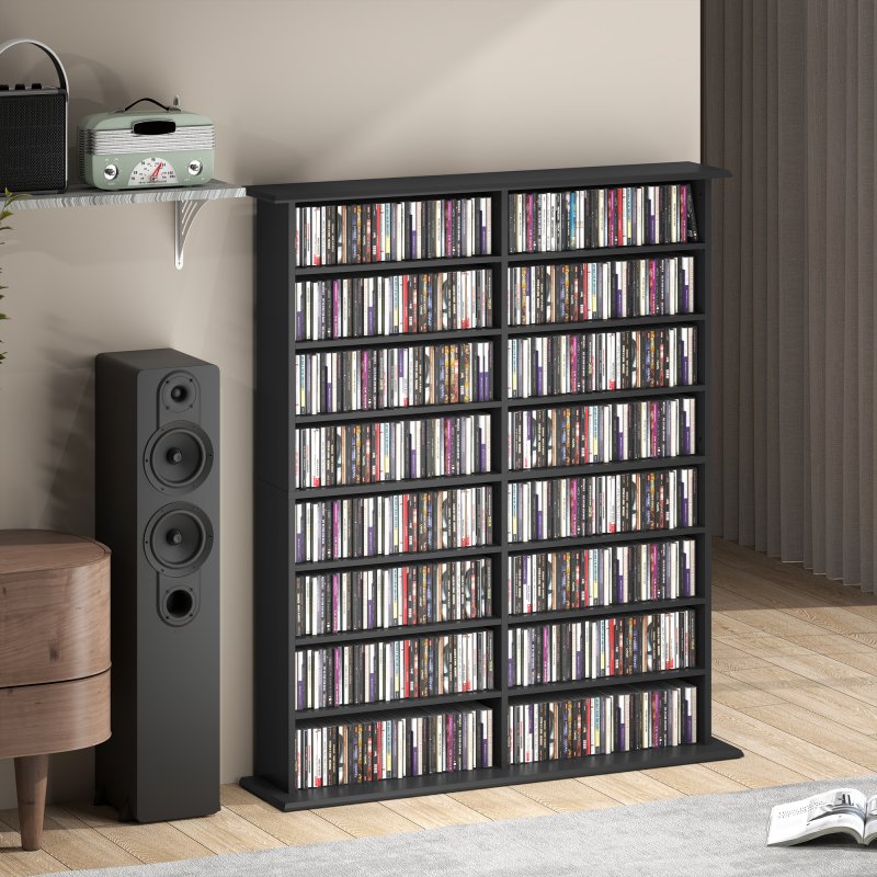 HOMCOM 720 CD/396 DVD Storage Unit, 396 Blu-ray Media Storage Shelf with 16 Compartments and 12 Adjustable Shelves, CD Tower for Living Room, Bedroom, Office