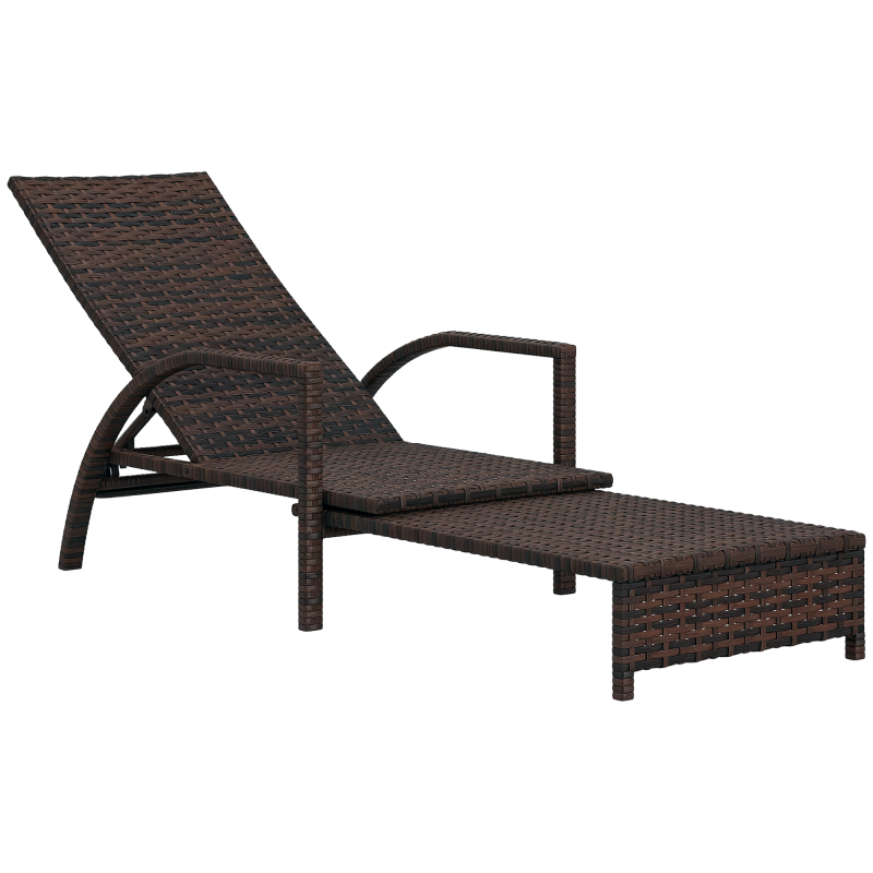 Outsunny PE Rattan Sun Lounger, Garden Lounger with 4-Level Adjustable Backrest, Outdoor Sunbed with Retractable Footrest for Balcony, Beach, Patio, Mixed-brown