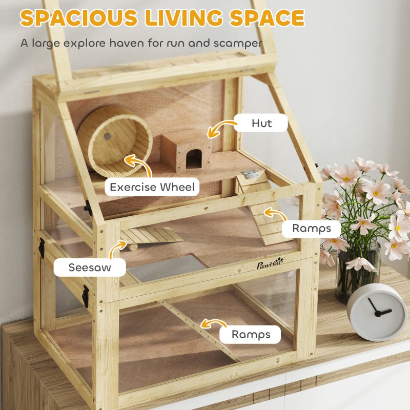 PawHut Wooden Hamster Cage, 3 Tier Gerbil Cage with Detachable 32cm Deep Bottom, Hut, Seesaw, Exercise Wheel, Ramps, Natural Wood Finish