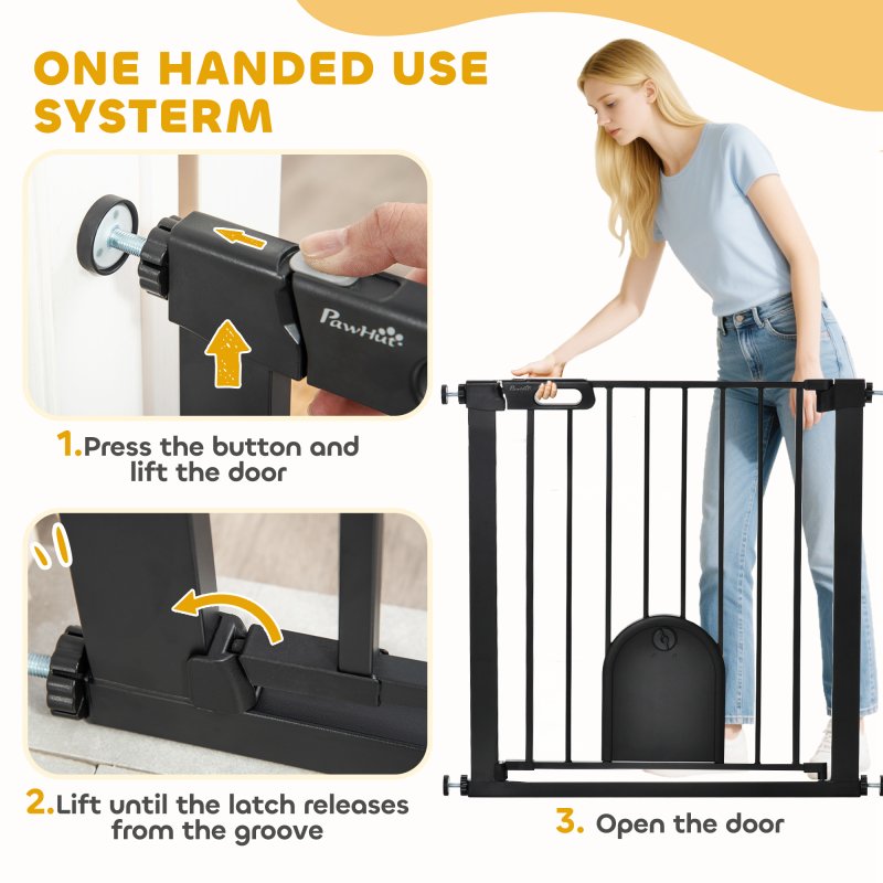 PawHut Dog Gate with Cat Flap Pet Safety Gate Barrier, Stair Pressure Fit, Auto Close, Double Locking, for Doorways, Hallways, 75-82 cm Black