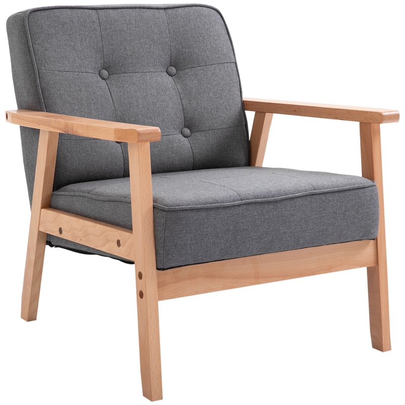 HOMCOM Accent Chair, Linen Fabric Armchair, Occasional Chair with Rubber Wood Frame for Living Room Reception Bedroom Balcony, Grey and Natural