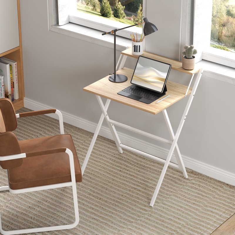 HOMCOM Folding Desk with Monitor Shelf, 70 cm Foldable Computer Desk for Small Spaces, Space Saving Writing Table Workstation for Home Office, Study, Easy Assembly