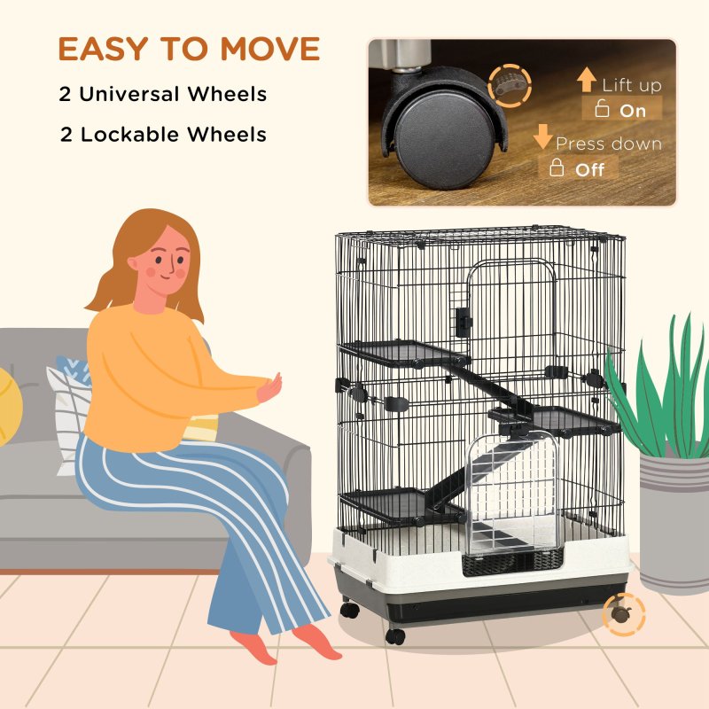 PawHut 4-Level Small Animal Cage, Indoor Bunny House, for Ferrets, Chinchillas w/ Wheels, Slide-Out Tray, Black, 81 x 52.5 x 114 cm