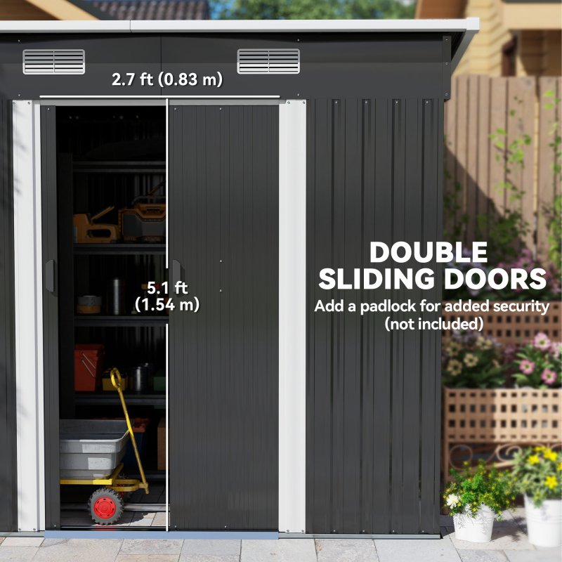 Outsunny 7 x 4ft Outdoor Storage Shed with Foundation Kit, Lean to Metal Garden Shed for Log, Rubbish Bin, Tool, Lawnmower, Bike, Patio and Lawn Use, Black