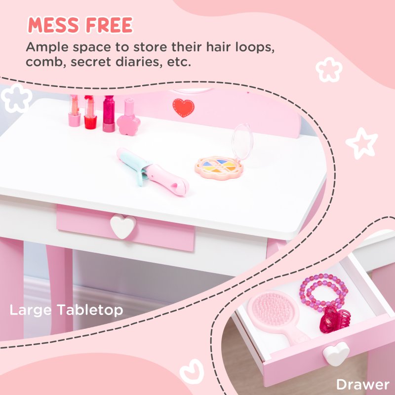 ZONEKIZ Kids Dressing Table with Mirror and Stool, Vanity Set w/ Love Heart and Bow Design, Girl Makeup Desk w/ Drawer, for Ages 3-6 Years - Pink