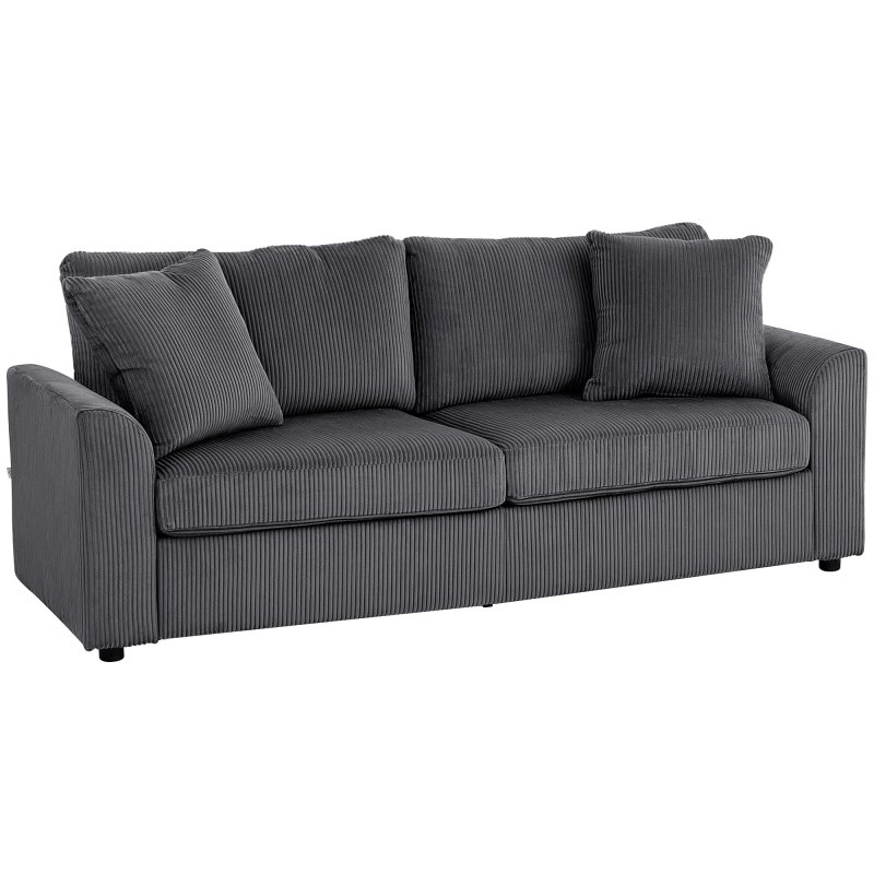 HOMCOM Modern 3 Seater Sofa with Spring Cushion, 212 cm Fabric Jumbo Cord Sofa Couch with 2 Scatter Cushions, Upholstered Corduroy Settee for Living Room, Bedroom, Home Office, Grey