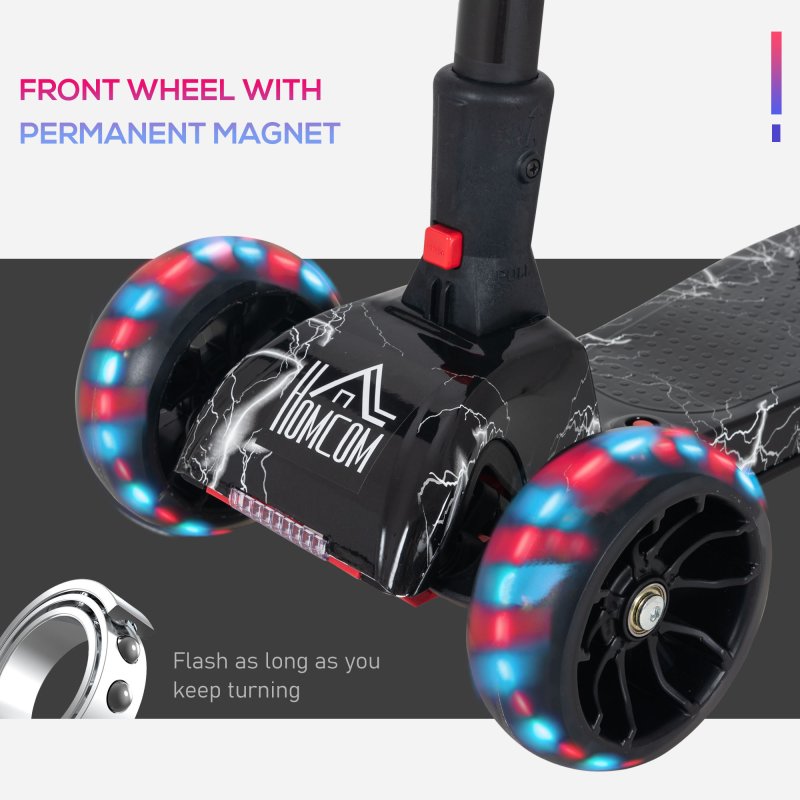 HOMCOM Kids Scooter, 3 Wheel Foldable Kick Scooter Adjustable Height w/ Flashing Wheels, Music, Water Spray for 3-6 Years, Black