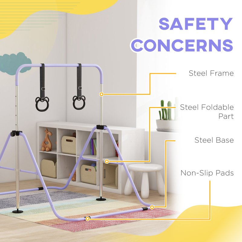 HOMCOM Kids Gymnastics Bar, Horizontal Bar for Kids, Adjustable Height Folding Gymnastics Equipment with Gymnastic Rings, Non-slip Rubber Floor Rings, for Home, Flat, Purple