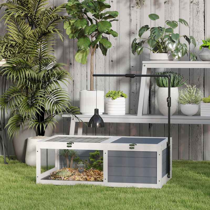 PawHut Tortoise House, Wooden Tortoise Table, Tortoise Enclosure with Adjustable Lamp Holder, Openable Lids, Pull-Out Trays - Grey