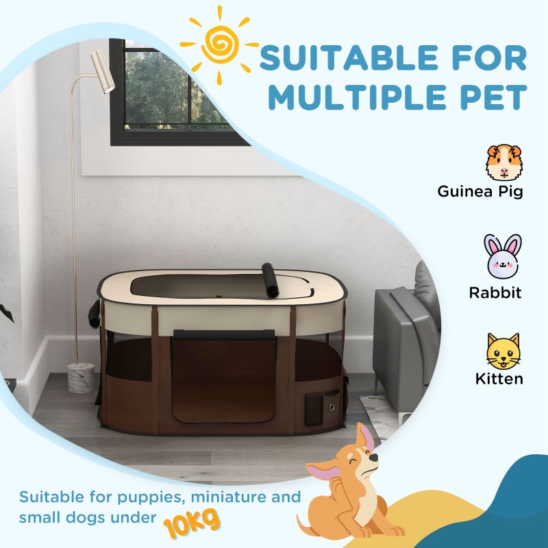 PawHut Dog Pen, Pet Playpen, Portable Foldable Dog Cat Playpen Soft Pet Cage with Storage Bag for Puppies, Rabbits, Kittens, Guinea Pigs, 114 x 89 x 59cm - Brown