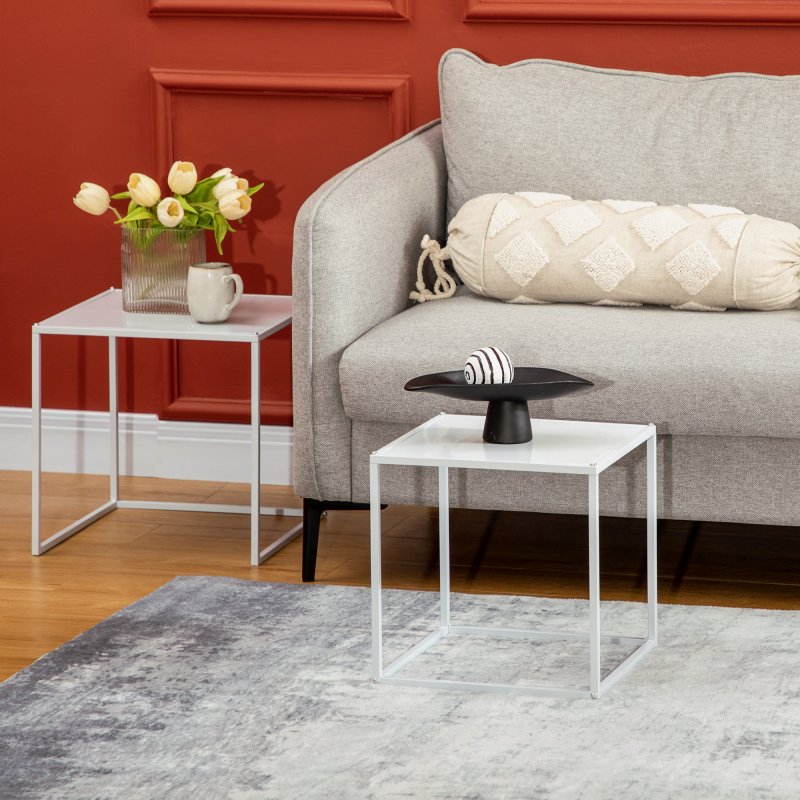 HOMCOM Square Nesting Coffee Table Set of 2, Modern Nest of Tables, Sofa Side Tables with Steel Frame for Living Room, Bedroom, Small Space, White