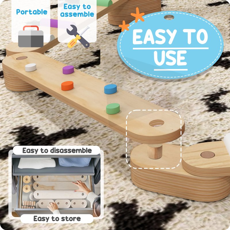 AIYAPLAY Wooden Balance Beam Board for Kids, Indoor Outdoor Play Equipment Build Coordination Agility and Strength, Toddler Obstacle Course for 3-8 Years