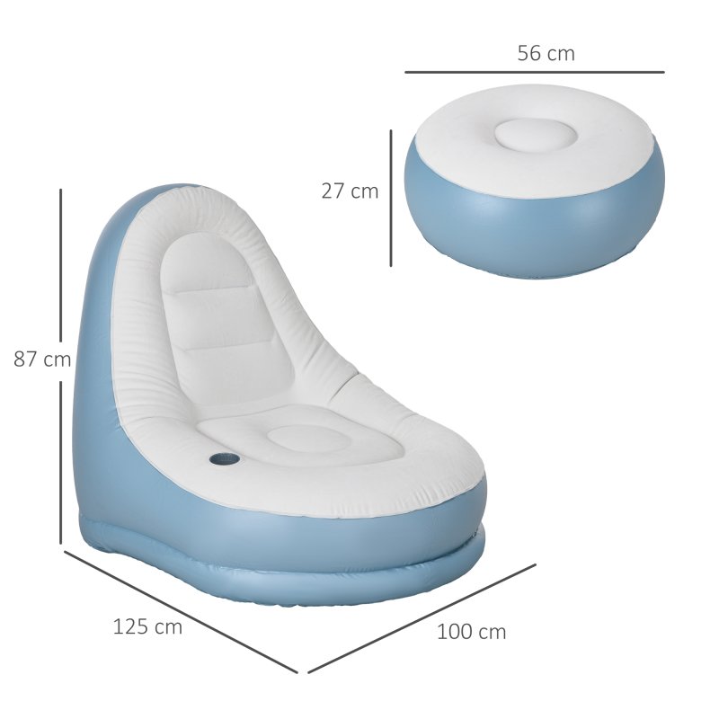 Outsunny Inflatable Chair and Footstool, Inflatable Sofa Lounger with Soft Plush Fabric and Cup Holder, for Camping, Gaming, Reading and Movie Watching, White