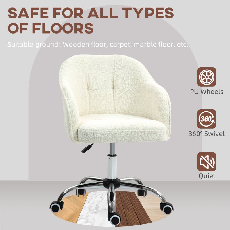 HOMCOM Office Chair, Teddy Fleece Swivel Computer Desk Chair, Makeup Vanity Seat with Adjustable Height for Home Study Bedroom, Cream White