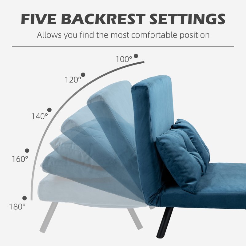 HOMCOM 2 Seater Sofa Bed, Click Clack Convertible Bed Settee, Modern Velvet Feel Fabric Sofa Couch with 2 Tufted Cushions, Wood Armrests for Living Room, Bedroom, Guest Room, Navy Blue