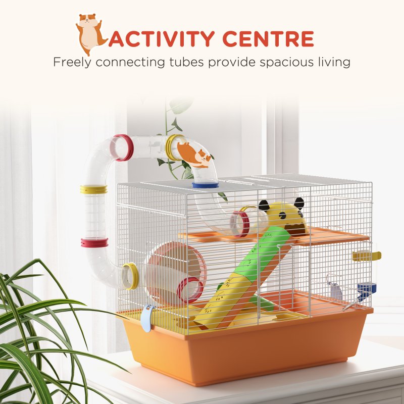 PawHut 3 Tiers Hamster Cage, Small Animal House with Tubes, Exercise Wheel, Ladder, Water Bottle, Dish, Hut, Top Handle, 45 x 28 x 37cm - Orange