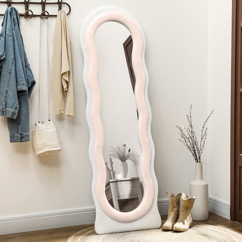 HOMCOM Irregular Wavy Mirror Full Length, 160 x 50cm Free Standing, Leaning or Wall Mirror with Velvet Wrapped Frame and Arched Top for Living Room, Bedroom, White and Pink
