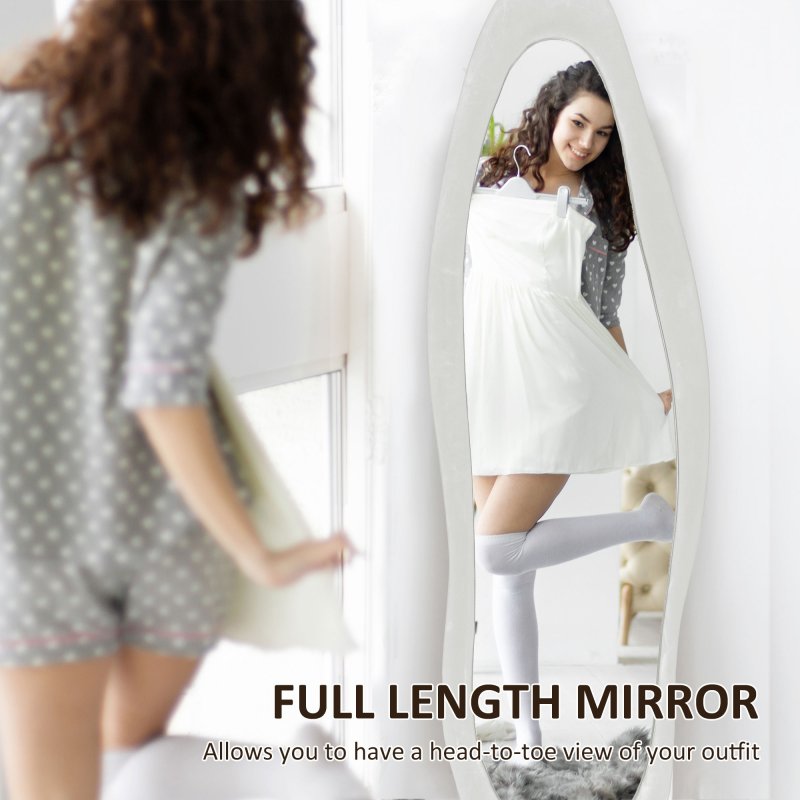 HOMCOM Irregular Wavy Mirror Full Length 160x50cm, Arched Floor Standing Mirror, Leaning or Wall Mounted, Velvet Wrapped Floor Mirror for Bedroom, Living Room, White