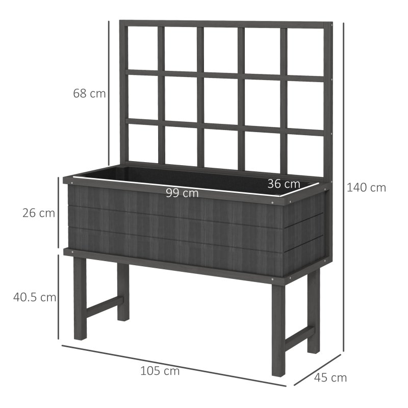 Outsunny Wooden Raised Planter with Trellis for Vine Climbing Plants, Elevated Garden Bed with Drainage Holes and Bed Liner for Vegetables, Flowers, Herbs, 105 x 45 x 140cm, Grey