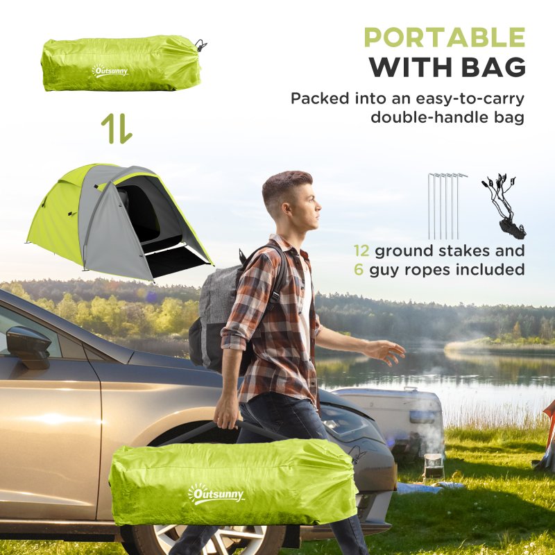 Outsunny 2 Man Camping Tent, Dome Tent with Bedroom and Living Room, 2000mm Waterproof, Portable with Bag, for Fishing Hiking Festival, Yellow