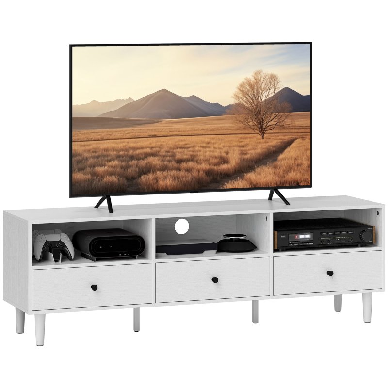 HOMCOM 140cm TV Stand Cabinet, Modern TV Unit Console Table for up to 75", with 3 Drawers, 3 Open Storage Shelves, Cable Management, Media Entertainment Centre for Living Room, Bedroom, White