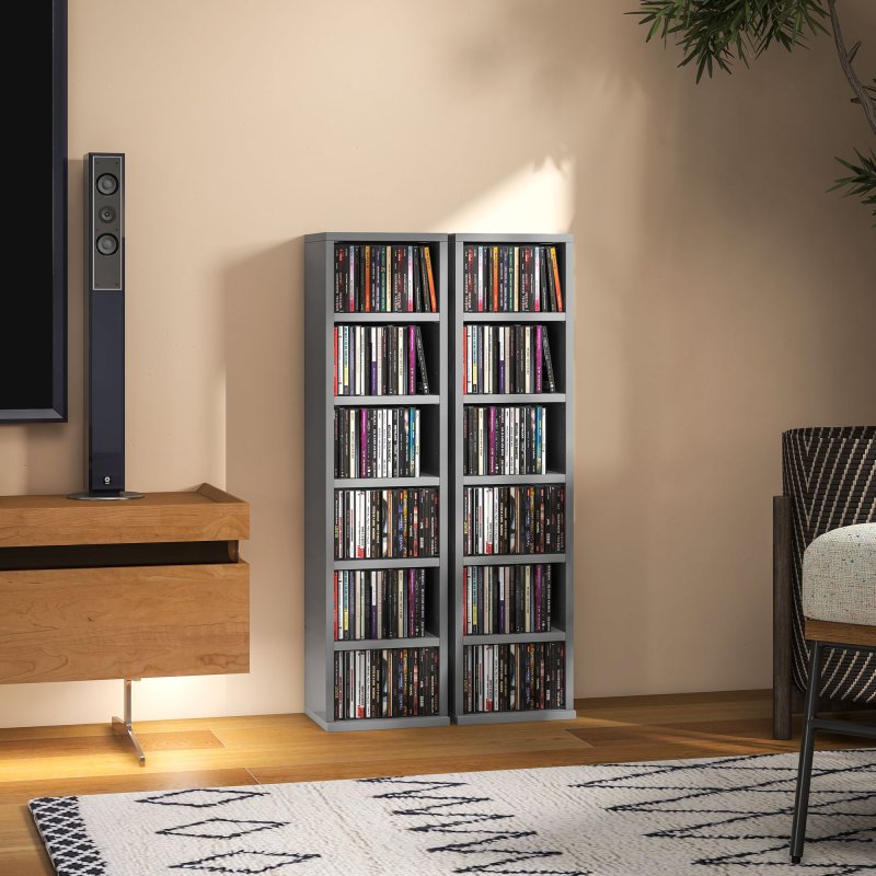 HOMCOM 204 CD Media Display Shelf Unit Set of 2 Blu-Ray Tower Rack w/ Adjustable Shelves Bookcase Storage Organiser, High Gloss Grey