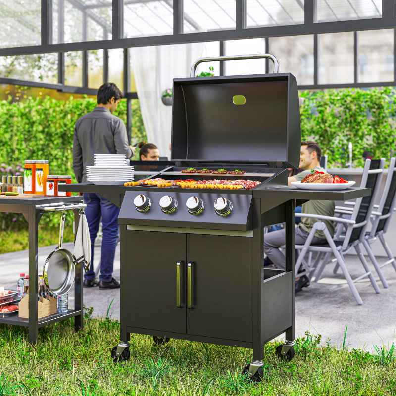 Outsunny 4 Burner Gas BBQ, Outdoor Grill, Portable Barbecue Trolley with Warming Rack, Side Shelves, Storage Cabinet, Thermometer, Carbon Steel, Black