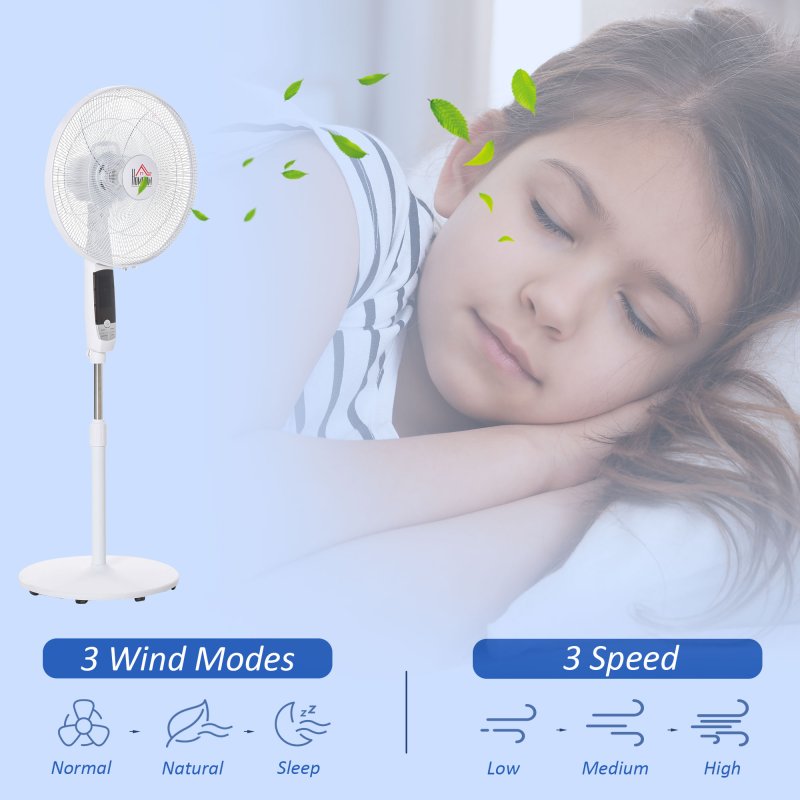 HOMCOM 16'' Pedestal Stand Fan, 3 Speed 3 Mode, 85 Degree Oscillation, LED Panel, 3M Remote Controller, Height Adjustable for Living Room, Bedroom, Garage, Office, Black and White
