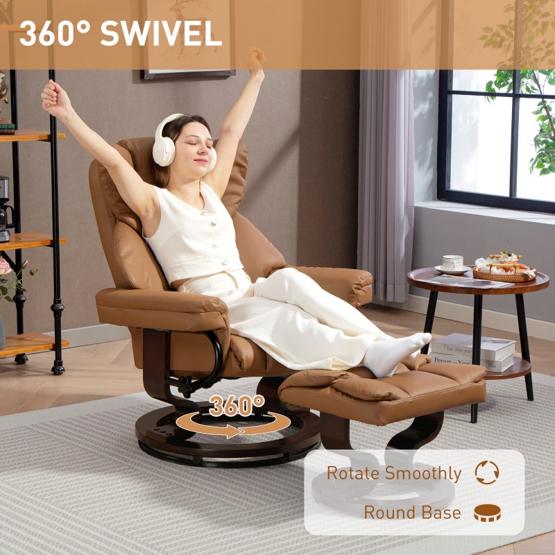 HOMCOM 360° Swivel Recliner Chair with Footstool, PU Leather Manual Recliner Armchair with Footstool, Solid Wood Base, Upholstered Reclining Chair for Living Room, Bedroom, Office, Brown