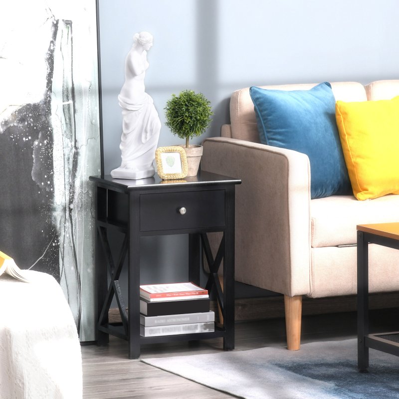 HOMCOM End Table, Sofa Side Table with Drawer X Bar Bottom Storage Shelf, Nightstand Bedside Table for Bedroom or Living Room