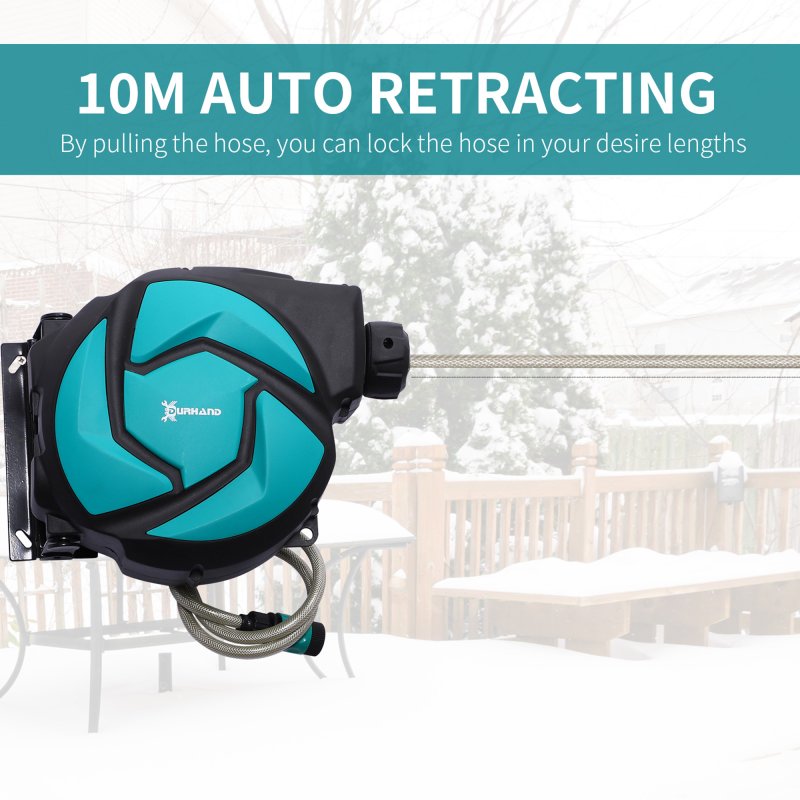 DURHAND 10m Garden Hose Reel Wall Mounted Auto Rewind with 7 Patterns Spray Nozzle, Includes Wall Fixings