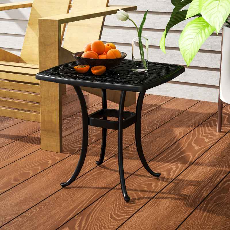 Outsunny Outdoor Garden Table with 38mm Dia. Umbrella Hole, Cast Aluminium Patio End Table with Anti-slip Foot Pads for Garden, Patio, Balcony, 54 x 54cm, Black