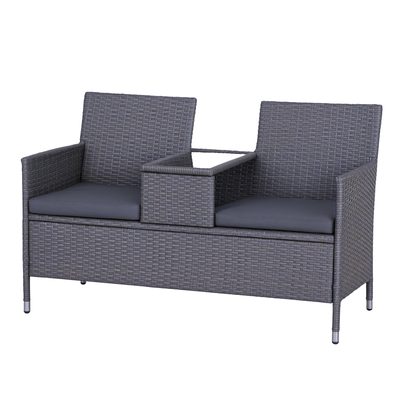 Outsunny 2 Seater Rattan Sofa with Cushions, Wicker Garden Loveseat with Armrests, Outdoor Garden Sofa Couch with Metal Frame for Patio, Mixed Grey