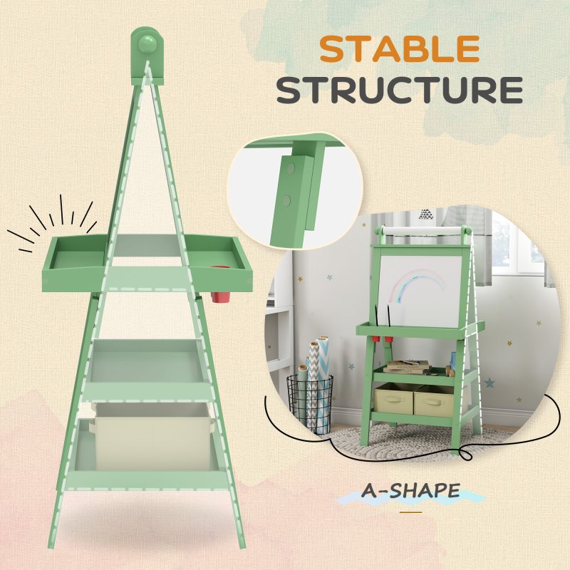 AIYAPLAY Art Easel for Kids with Paper Roll, 3 in 1 Kids Easel Double-Sided Magnetic Whiteboard and Chalkboard with Storage Baskets, for Children 3-6 Years - Green