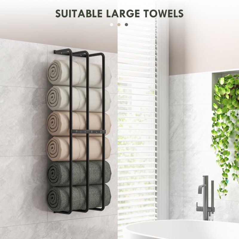 HOMCOM Towel Rack Wall Mounted, Metal Towel Rail Holds Up to 6 Large Size (150 x 100cm) Rolled Towels, 3 Bar Towel Storage for Bathroom, 21 x 12 x 74cm, Black