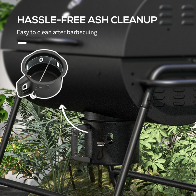 Outsunny Charcoal Barbecue Grill, Portable Barrel BBQ Trolley Smoker with Wheels, Ash Catcher and Thermometer for Outdoor Garden Party Cooking, Black