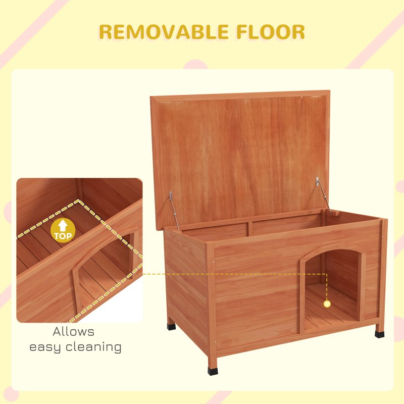 PawHut Wooden Dog Kennel Outdoor Pet House Elevated with Removable Floor, Openable Roof, for Large Dogs, 100 x 65.5 x 68cm - Natural Wood Tone