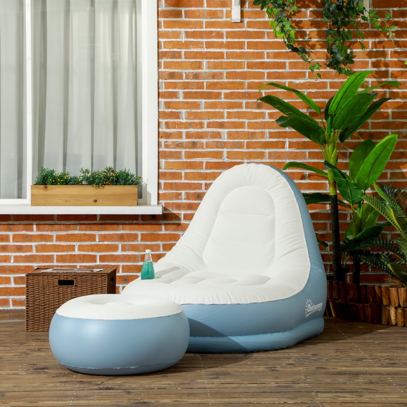 Outsunny Inflatable Chair and Footstool, Inflatable Sofa Lounger with Soft Plush Fabric and Cup Holder, for Camping, Gaming, Reading and Movie Watching, White