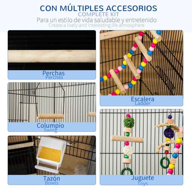 PawHut Bird Cage for Budgies, Finches, Canaries w/ Accessories, Toys, Tray, Handle, 46 x 36 x 100cm - Black