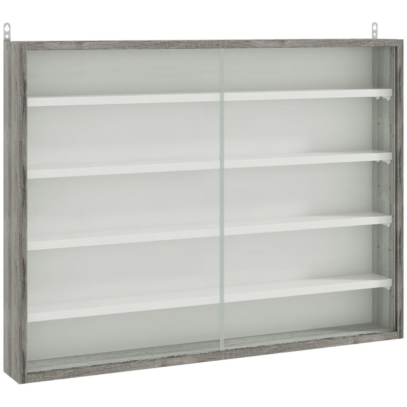 HOMCOM 5-Tier Wall Mounted Display Cabinet, Display Case with 4 Adjustable Shelves, Glass Doors for Home Office Ornaments 60x80cm, Grey Wood Grain