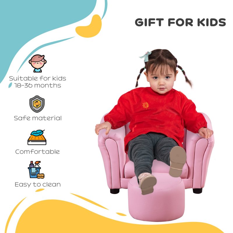 HOMCOM Children's Armchairs Toddler Chair Sofa Single Seater Childrens Armrest w/ Footstool - Pink