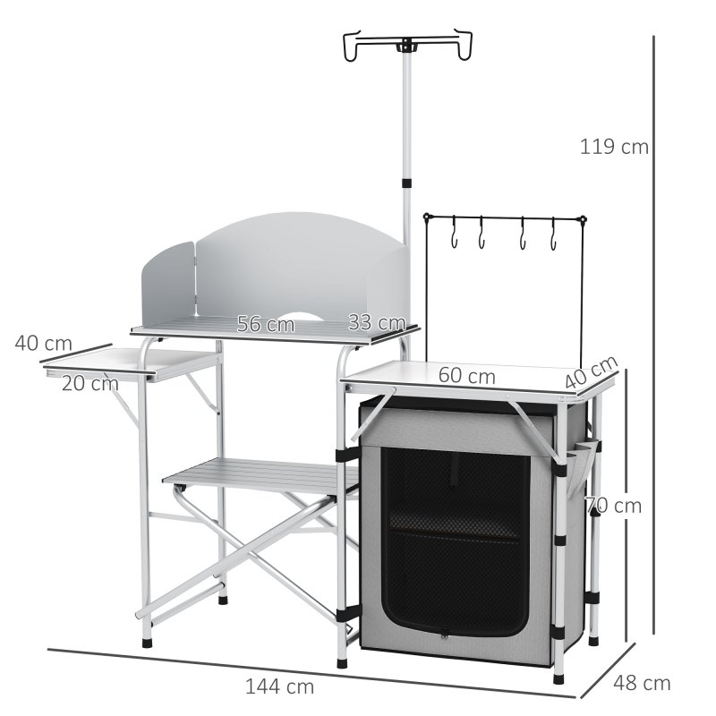 Outsunny Camping Kitchen with Storage Cupboard, Folding Camping Table, Aluminium Portable Picnic Table with Windshield, Light Stand, Carrying Bag for BBQ, Silver