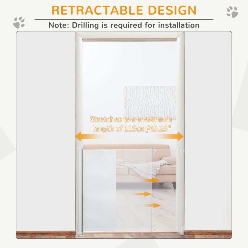 PawHut Retractable Stair Gate for Dogs, Pet Mesh Safety Gate Extends up to 115cm for Doorways Indoor- White