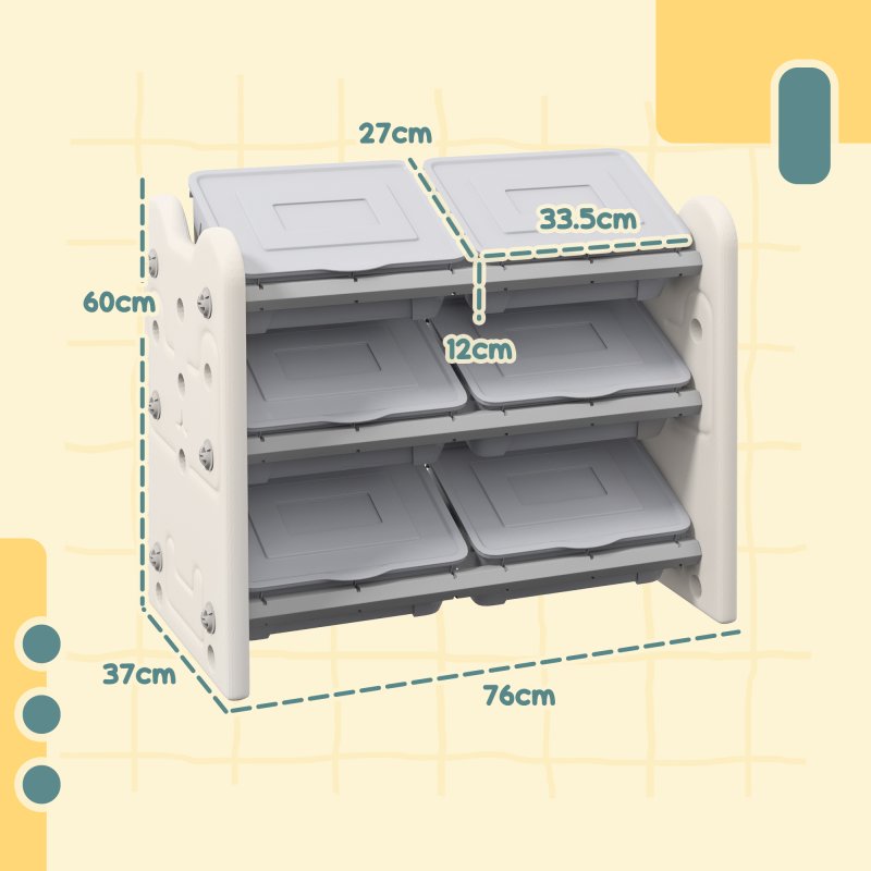 AIYAPLAY Kids Toy Storage Units, 3 Tier Toys Storage Organiser with 6 Storage Boxes, for Bedroom, Playroom, Nursery, 76 x 37 x 60cm, Grey