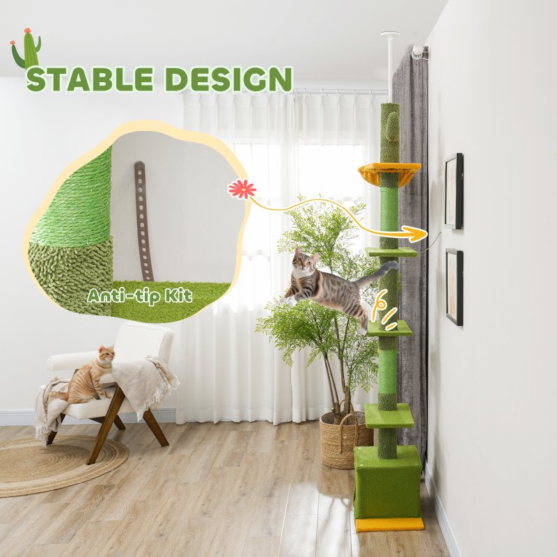 PawHut Floor-to-Ceiling Cat Tree, 230-275cm Height Adjustable Cat Tower, 6-Level Activity Centre for Indoor Cats with Scratching Posts, Cat House, Hammock, Toy Ball, Green